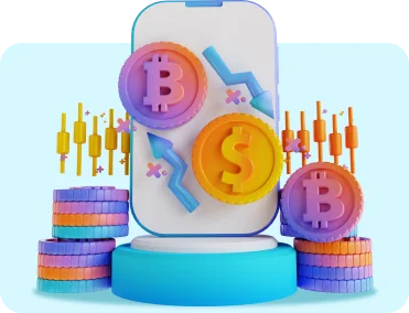 Illustration of cryptocurrency exchange development by Pixel Web Solutions, featuring Bitcoin and Ethereum coins with analytical charts, showcasing expertise as a Cryptocurrency Exchange Development Company